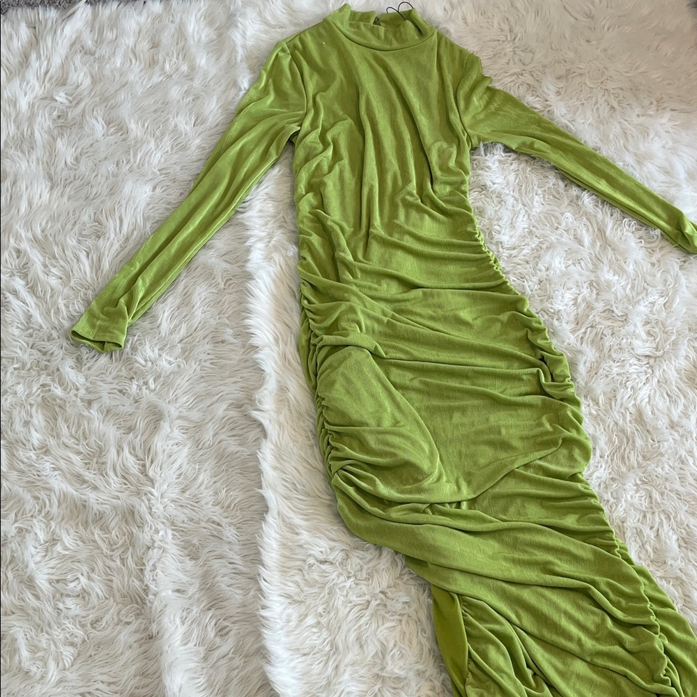 Fashion Nova Vibrant Green Ruched Long Sleeve Dress